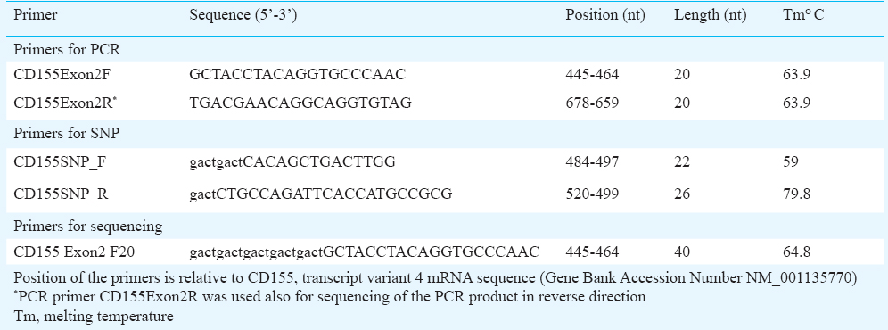 Assay for identification of heterozygous single-nucleotide polymorphism (Ala67Thr) in human poliovirus receptor gene